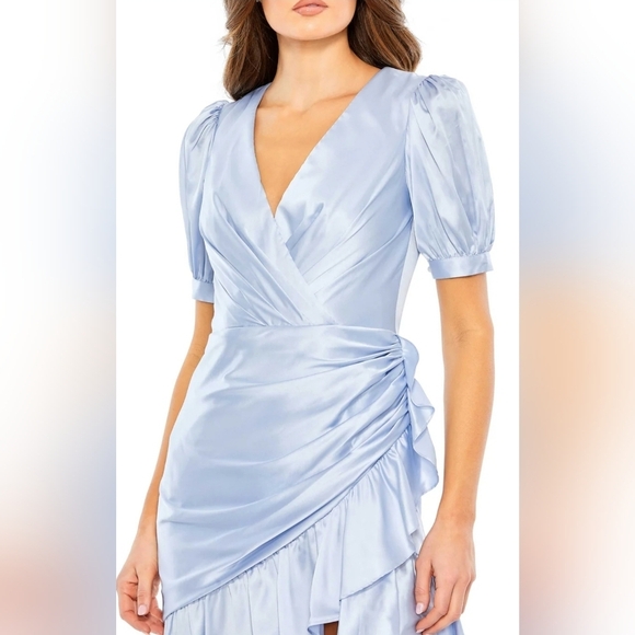 Ieena for Mac Duggal, Short Puff Sleeve Faux Wrap Mini Dress,Powder Blue, Size 4 - Picture 3 of 12